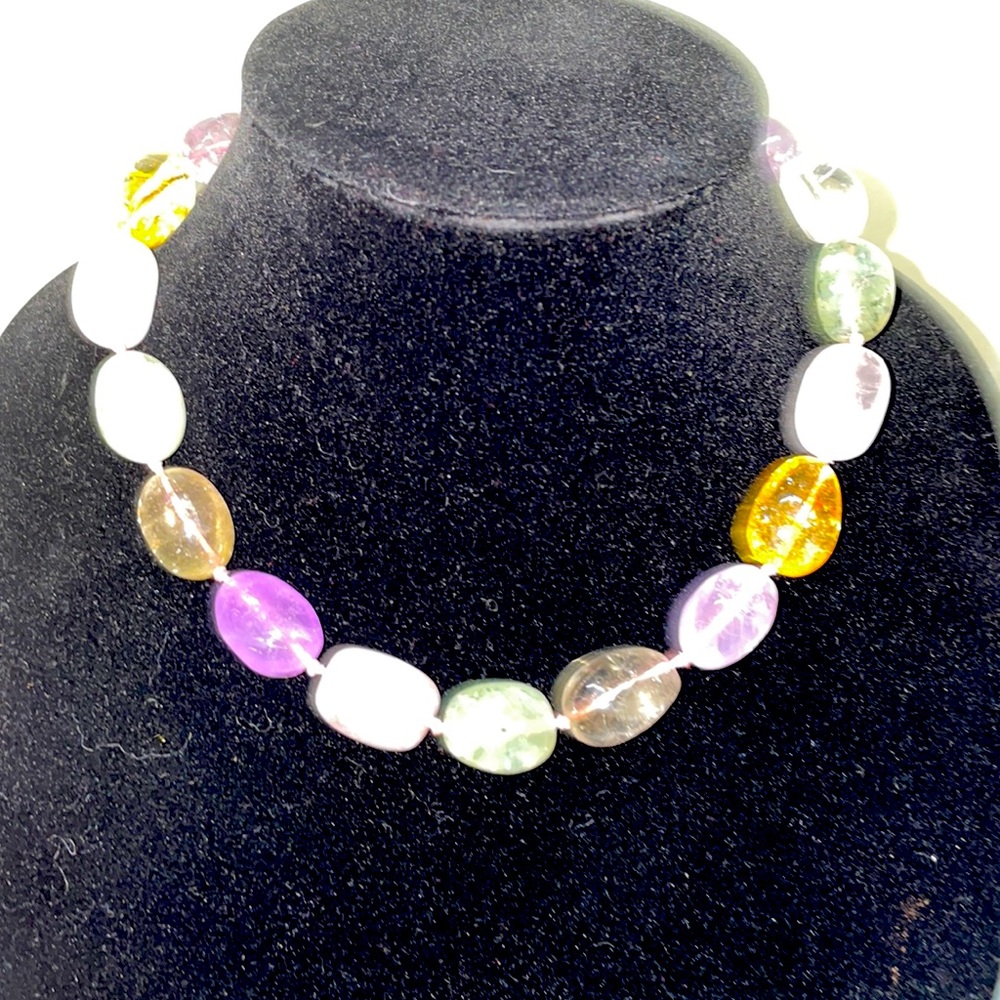 Kenneth Lane knotted multi gemstones necklace with gold tone "S" clasp